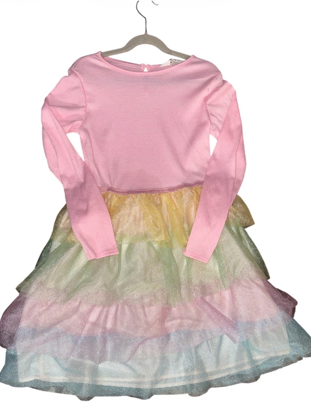 H&M Pink Long-Sleeve Dress with Rainbow Tiered Tulle Skirt